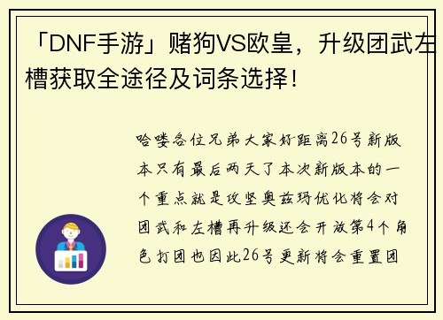 「DNF手游」赌狗VS欧皇,升级团武左槽获取全途径及词条选择!